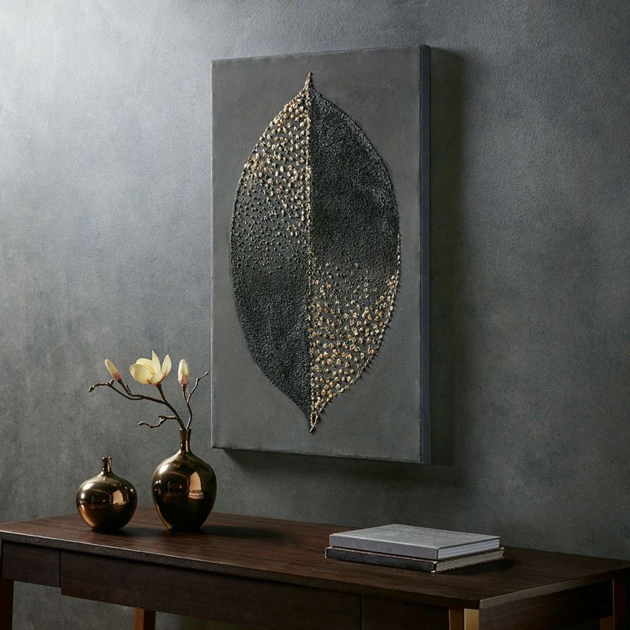 Home Decor * | Madison Park Charcoal Leaf Heavy Textured Canvas With Gold Foil Embellishment