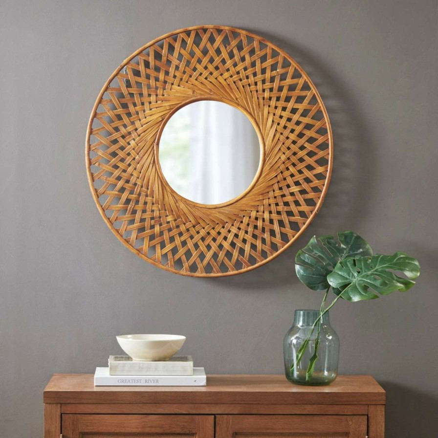 Home Decor * | Madison Park Reed Round Bamboo Wall Decor Mirror